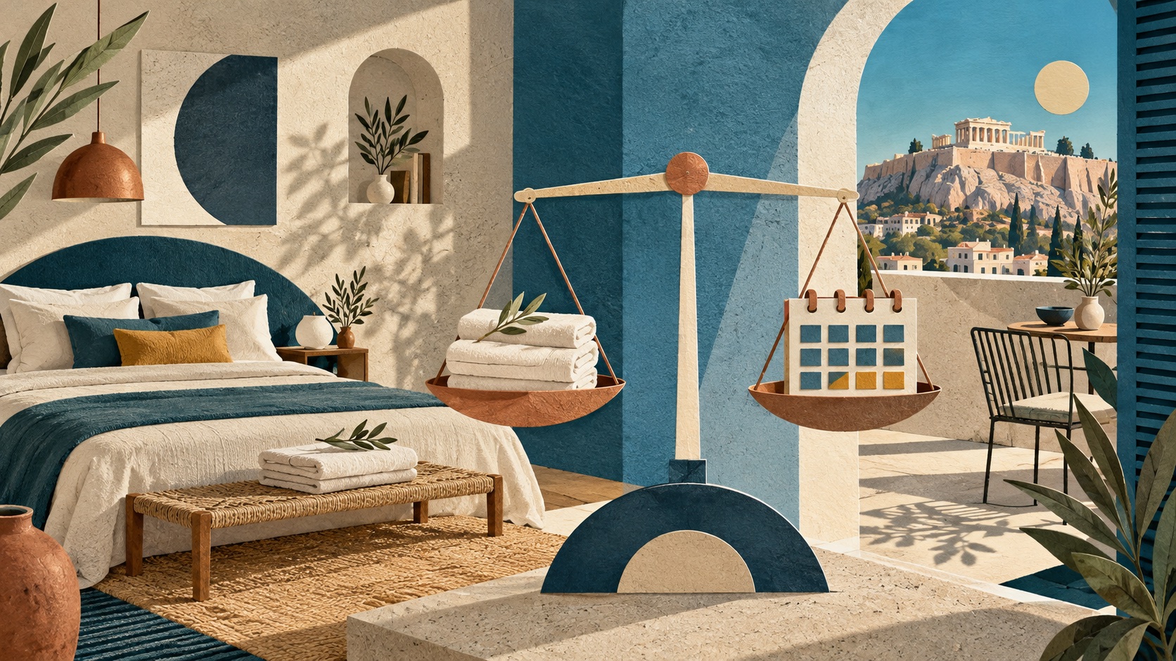 Editorial collage balancing linen and booking nights in an Athens rental Editorial collage balancing linen and booking nights in an Athens rental