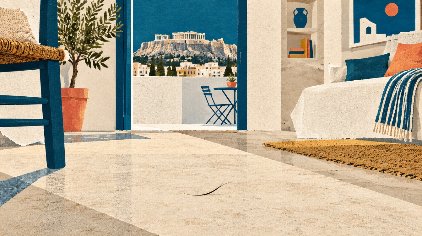 Premium turnover cleaning protects guest trust in Athens rentals Editorial cut-paper artwork of a pristine Athens rental interrupted by one dark hair