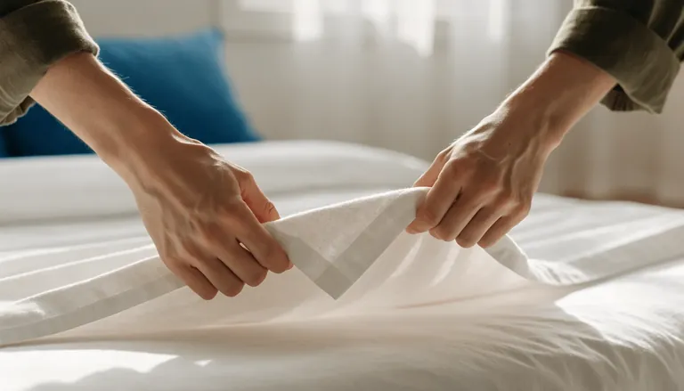 Fresh white linen being carefully folded Fresh white linen being carefully folded