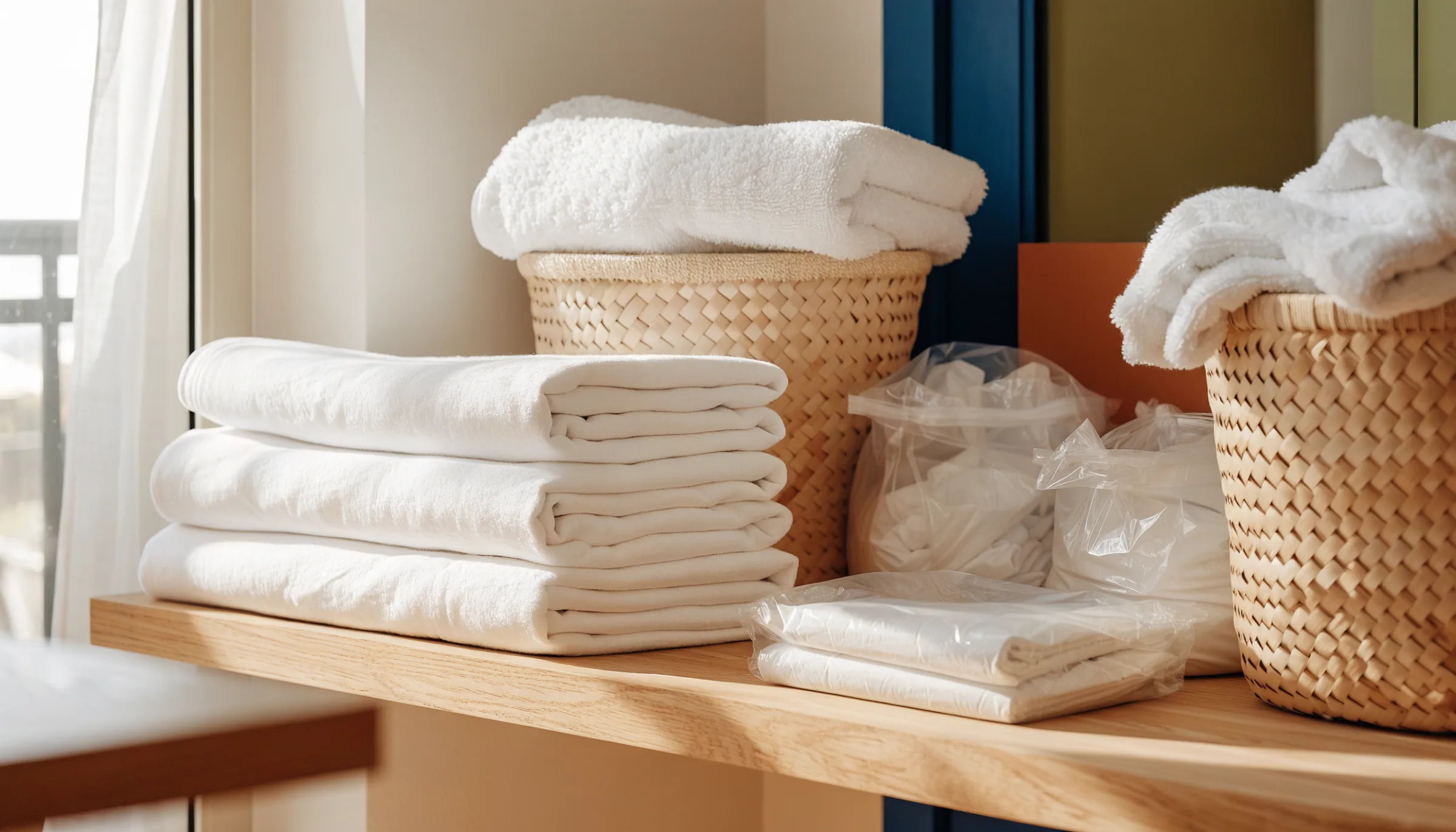 Neatly stacked fresh white linen