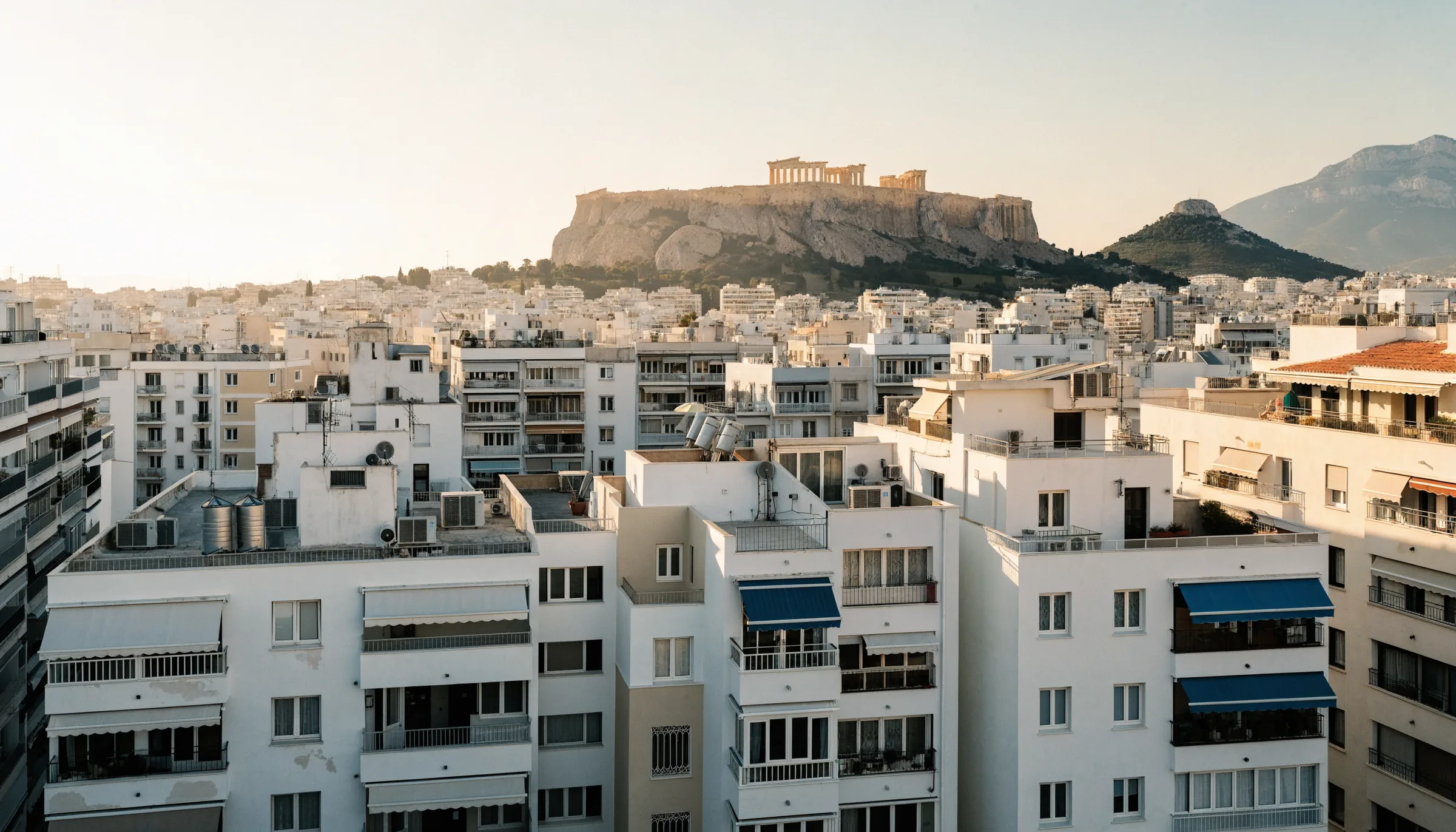 Athens apartment buildings viewed in warm evening light