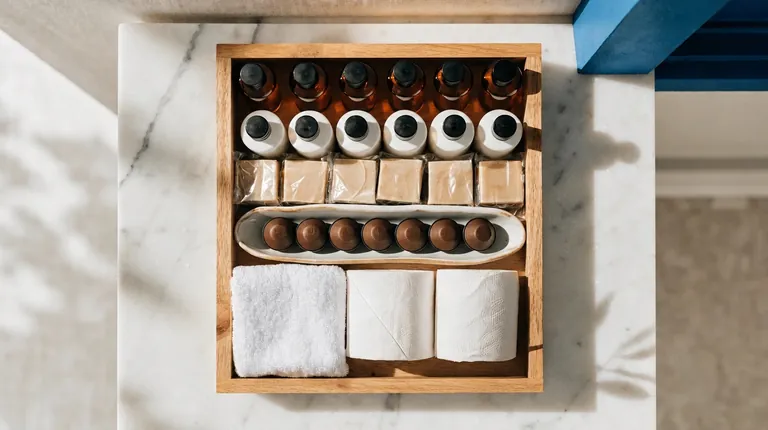 Guest amenities and restocking essentials arranged on a tray Guest amenities and restocking essentials arranged on a tray