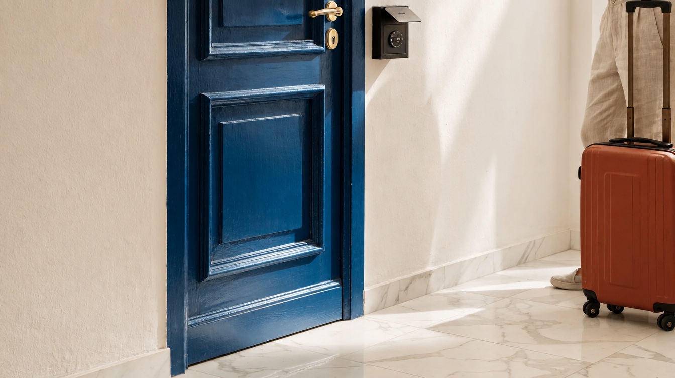 Apartment entrance with lockbox and guest suitcase