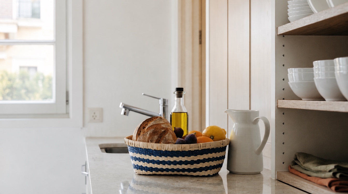 Short-term rental kitchen and welcome setup in Athens