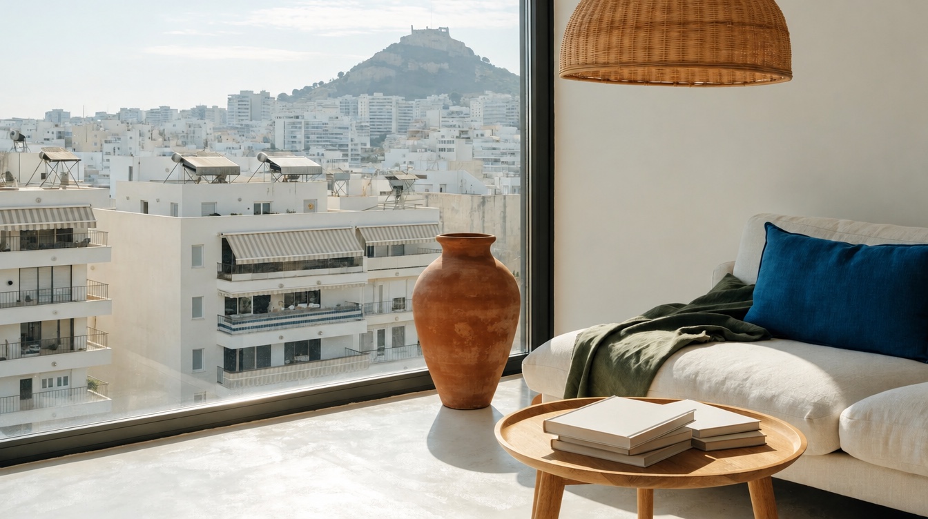 Athens studio living area prepared for guests